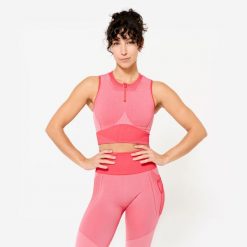 Koszulka fitness damska Domyos crop bez rękawów. Czerwone bluzki sportowe damskie DOMYOS, xs, bez wzorów, z elastanu, bez ramiączek. Za 89.99 zł.