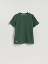 Strukturalny t-shirt regular - ciemnozielony. Zielone t-shirty męskie Reserved, l, bez wzorów, z bawełny, bez kołnierzyka. Za 79.99 zł.