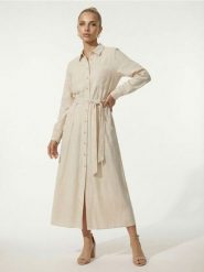 Wiskozowa sukienka koszulowa z domieszką lnu - kremowy. Białe sukienki damskie Sinsay, l, bez wzorów, z wiskozy, bez kołnierzyka, bez ramiączek, koszulowe. Za 69.99 zł.