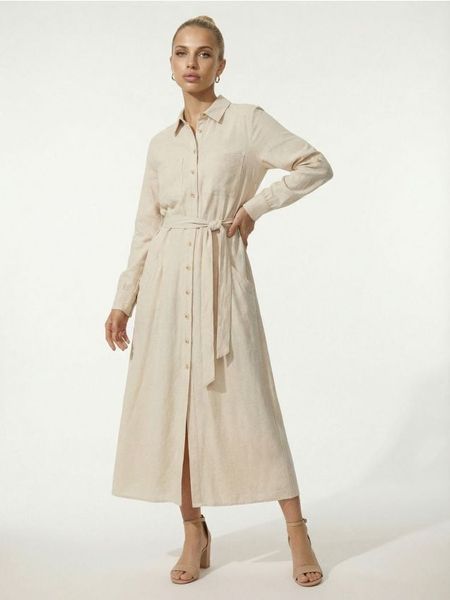 Wiskozowa sukienka koszulowa z domieszką lnu - kremowy. Białe sukienki damskie Sinsay, l, bez wzorów, z wiskozy, bez kołnierzyka, bez ramiączek, koszulowe. Za 69.99 zł.