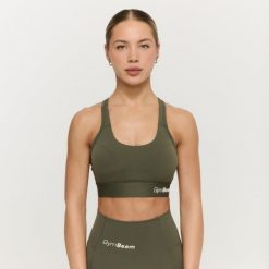 Biustonosz sportowy damski boks z zapięciem oliwkowoszary Combat. Szare biustonosze sportowe damskie GYMBEAM, bez wzorów, z elastanu. Za 85.90 zł.