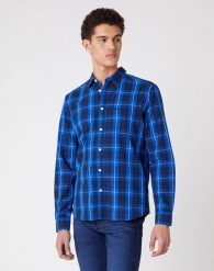 MĘSKA KOSZULA W KRATE WRANGLER LS 1PKT SHIRT VICTORIA BLUE W5A14MXJS 112129959. Niebieskie koszule męskie Wrangler, m, bez wzorów, bez kołnierzyka, bez ramiączek. Za 129.99 zł.