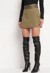 Zielona Spódnica Mini z Kieszeniami i Paskami z Ekoskóry Svanna. Zielone spódniczki damskie Born2be, m, bez wzorów, mini. Za 129.99 zł.