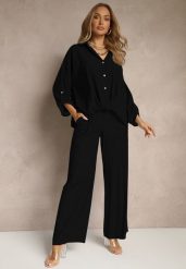 Czarny Komplet z Wiskozy w Stylu Oversize Szerokie Spodnie i Luźna Koszula na Guziki Natinne. Czarne koszule damskie Renee, bez wzorów, z wiskozy, biznesowe. Za 129.99 zł.
