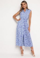 Niebieska Koszulowa Sukienka w Zwierzęcy Print Zapinana na Guziki z Materiałowym Paskiem Vespia. Niebieskie sukienki damskie Born2be, na imprezę, l, bez wzorów, z materiału, eleganckie, bez kołnierzyka, bez ramiączek, maxi, koszulowe. W wyprzedaży za 127.99 zł.