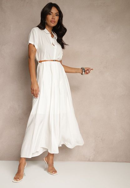 Biała Koszulowa Sukienka z Wiskozy z Cienkim Paskiem Filanella. Białe sukienki damskie Renee, na co dzień, l, bez wzorów, z wiskozy, klasyczne, bez kołnierzyka, bez ramiączek, maxi, koszulowe. Za 119.99 zł.