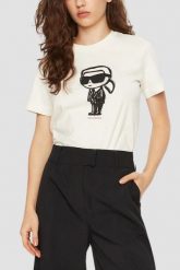 KARL LAGERFELD Beżowy damski t-shirt Ikon Sketch Karl. Brązowe t-shirty damskie Karl Lagerfeld, s, bez wzorów, z materiału, bez kołnierzyka. W wyprzedaży za 229.99 zł.