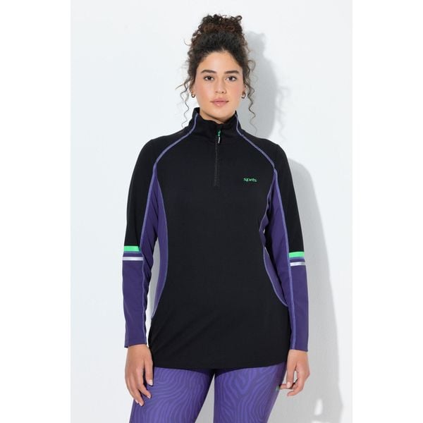 Damskie Bluzka funkcyjna wąska stójka zamek błyskawiczny długi rękaw. Czarne bluzki sportowe damskie Ulla Popken, plus size, z elastanu, bez kołnierzyka, bez ramiączek. Za 279.99 zł.