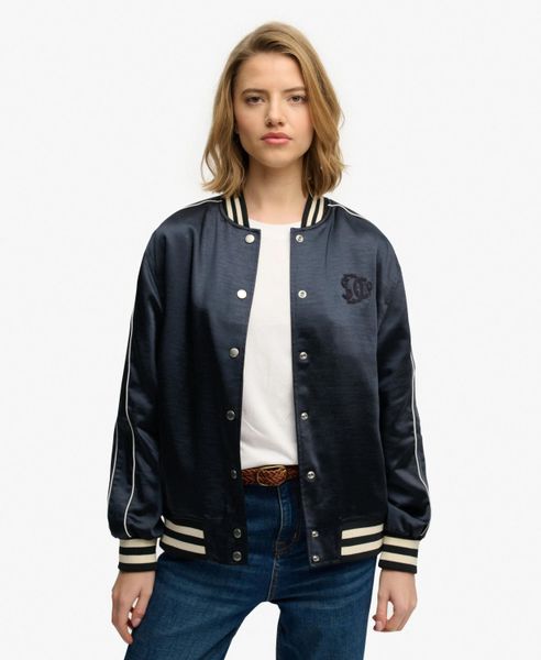 Superdry Satynowa Kurtka Bomber Varsity – Slim Fit. Niebieskie kurtki męskie Superdry., bez wzorów, z elastanu, klasyczne, bez kaptura. Za 427.05 zł.