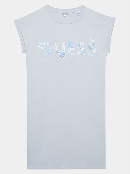 Guess Sukienka codzienna J4GK14 KAE23 Błękitny Regular Fit. Niebieskie sukienki dziewczęce Guess, z aplikacjami, z bawełny, bez ramiączek. Za 99.99 zł.
