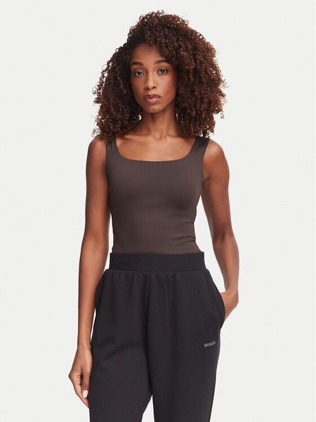 Guess Top V6YP18 K4788 Brązowy ciemny Slim Fit. Brązowe topy damskie Guess, m, z aplikacjami, z syntetyku, bez kołnierzyka. Za 194.99 zł.