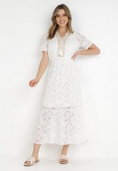 Biała Sukienka Sophiche. Białe sukienki damskie Born2be, l, w ażurowe wzory, z koronki, boho, bez kołnierzyka, bez ramiączek, maxi. W wyprzedaży za 119.99 zł.