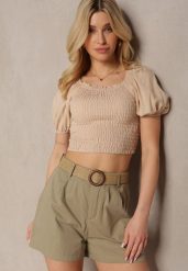 Zielone Szorty z Bawełny High Waist o Kroju Bermudów Zapinane na Zamek Błyskawiczny i Guzik z Plecionym Paskiem z Klamrą Iannestra. Brązowe szorty damskie Renee, bez wzorów, z bawełny, z podwyższonym stanem. Za 89.99 zł.