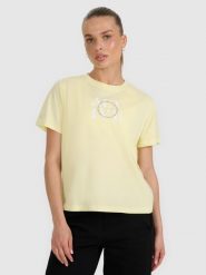 4F T-shirt z nadrukiem damski - żółty XS. Żółte t-shirty damskie 4f, xl, bez wzorów, z bawełny, bez kołnierzyka. W wyprzedaży za 39.99 zł.