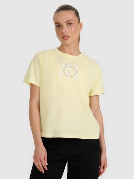 4F T-shirt z nadrukiem damski - żółty XS. Żółte t-shirty damskie 4f, xl, bez wzorów, z bawełny, bez kołnierzyka. W wyprzedaży za 39.99 zł.