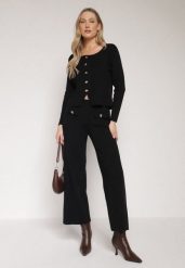 Czarny Dzianinowy Komplet z Wiskozą w Eleganckim Stylu Kardigan i Spodnie Delisana. Czarne spodnie materiałowe damskie Born2be, bez wzorów, z dzianiny, eleganckie. Za 239.99 zł.
