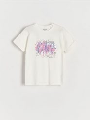 T-shirt z nadrukiem - złamana biel. Koszulki dziewczęce Reserved, bez wzorów, z bawełny, bez ramiączek. Za 35.99 zł.