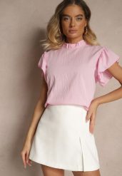 Różowa Bluzka z Wiskozą i Falbankami Greloiti. Czerwone bluzki damskie Renee, bez wzorów, z jeansu, klasyczne, bez kołnierzyka, bez ramiączek. Za 49.99 zł.