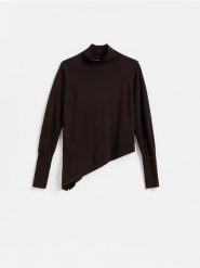 Sweter z asymetrycznym dołem - ciemnobrązowy. Brązowe swetry klasyczne damskie Reserved, l, z dzianiny, z asymetrycznym kołnierzem. Za 109.99 zł.