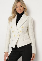 Jasnobeżowa Dwurzędowa Marynarka Taliowana w Tweedowym Stylu z Imitacją Kieszeni Liolia. Brązowe marynarki i żakiety damskie Born2be, l, bez wzorów, eleganckie. Za 229.99 zł.