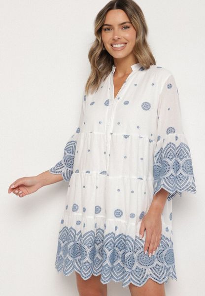 Biała Bawełniana Sukienka Pudełkowa ze Wzorem Etno Rallea. Białe sukienki damskie Born2be, na co dzień, na lato, m, bez wzorów, z bawełny, etno, bez kołnierzyka, bez ramiączek. Za 169.99 zł.