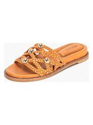 INUOVO Skórzane klapki w kolorze jasnobrązowym rozmiar: 35. Brązowe klapki damskie Inuovo, z aplikacjami, bez obcasa. Za 252.99 zł.