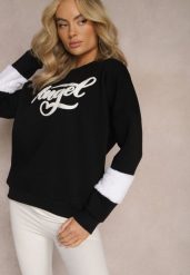 Czarna Bawełniana Bluza z Nadrukiem i Futrzaną Wstawką Koresa. Czarne bluzy bez kaptura damskie Renee, z bawełny. Za 84.99 zł.