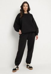 Czarny Komplet Dresowy Bluza i Joggery Podszyte Polarem Zibea. Czarne bluzy bez kaptura damskie Born2be, z bawełny. Za 169.99 zł.