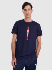 4F T-shirt regular z nadrukiem męski - granatowy L. Niebieskie t-shirty męskie 4f, l, bez wzorów, z bawełny, bez kołnierzyka. W wyprzedaży za 49.99 zł.