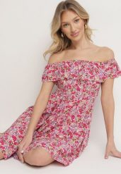 Różowa Sukienka z Bawełny Typu Hiszpanka z Falbankami w Kwiaty Aenne. Czerwone sukienki damskie Born2be, na imprezę, na lato, m, bez wzorów, z bawełny, eleganckie, bez kołnierzyka, bez ramiączek, mini. Za 39.99 zł.