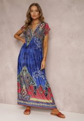 Niebieska Sukienka o Kopertowym Kroju w Ornamentalny Print Nalori. Niebieskie sukienki damskie Renee, na co dzień, l, bez wzorów, bez kołnierzyka, bez ramiączek, maxi, kopertowe. W wyprzedaży za 52.49 zł.