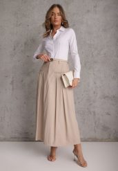 Beżowa Rozkloszowana Spódnica z Wiskozy Zdobiona Plisami i Paskiem Durklea. Brązowe spódniczki damskie Renee, l, z aplikacjami, z wiskozy, eleganckie, maxi, oversize. Za 129.99 zł.