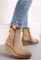Beżowe Botki na Koturnie z Ozdobnym Suwakiem Houtanie. Brązowe botki damskie Renee, eleganckie, bez obcasa, na koturnie, bez zapięcia. Za 149.99 zł.