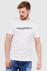 DIESEL Biały t-shirt męski z granatowym logo. Białe t-shirty męskie Diesel, l, bez wzorów, prążkowane, bez kołnierzyka. W wyprzedaży za 299.99 zł.