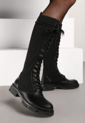 Czarne Płaskie Kozaki ze Skarpetową Cholewką i Sznurowaniem Sannirael. Czarne kozaki damskie Renee, z jeansu, bez obcasa, na płaskiej podeszwie. Za 89.99 zł.