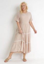 Beżowa Rozkloszowana Sukienka Maxi Wiązana z Tyłu Zathia. Brązowe sukienki damskie Born2be, xl, w ażurowe wzory, z materiału, bez kołnierzyka, bez ramiączek, maxi, rozkloszowane. Za 74.99 zł.