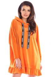 Przedłużona Bluza Welurowa z Falbanką - Pomarańczowa. Brązowe bluzy bez kaptura damskie Awama, uniwersalny, z elastanu. Za 269.90 zł.