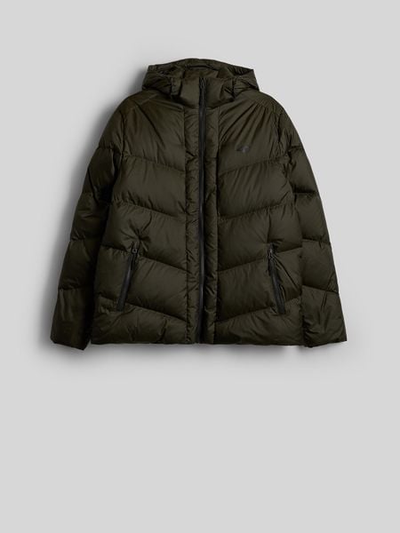 4F Kurtka zimowa puchowa z wypełnieniem naturalnym męska - khaki S. Brązowe kurtki męskie 4f, na zimę, m, bez wzorów, z materiału, klasyczne, bez kaptura. Za 699.99 zł.