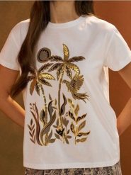Bawełniana koszulka z metalicznym printem - biały. Białe t-shirty damskie Sinsay, l, bez wzorów, z bawełny, bez kołnierzyka. Za 25.99 zł.
