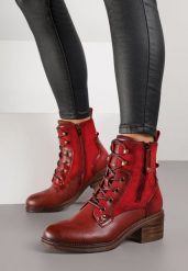 Bordowo-Czerwone Botki Trzewiki na Klockowym Obcasie Zdobione Suwakiem Salittea. Czerwone botki damskie Born2be, z dzianiny, biznesowe, bez obcasa, na obcasie, bez zapięcia. Za 149.99 zł.