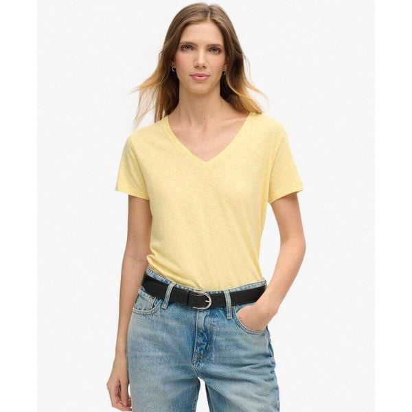 Koszulka z haftem V w slubie. Żółte bluzki sportowe damskie Superdry., bez wzorów, z bawełny, bez ramiączek. Za 126.45 zł.