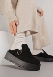 Czarne Śniegowce na Grubej Podeszwie z Niską Cholewką i Ozdobną Klamerką Vetibela. Czarne śniegowce damskie Renee, z jeansu, przed kostkę. Za 119.99 zł.