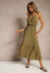 Żółta Sukienka z Bawełny Ozdobiona Geometrycznym Motywem Nilavionea. Żółte sukienki damskie Renee, na spotkanie biznesowe, na lato, l, z aplikacjami, z bawełny, eleganckie, bez kołnierzyka, bez ramiączek, midi. W wyprzedaży za 41.99 zł.