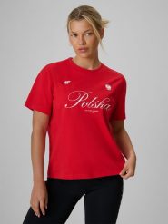4F Koszulka kibica damska - czerwona S. Czerwone bluzki sportowe damskie 4f, s, z bawełny, bez kołnierzyka, bez ramiączek. Za 59.99 zł.