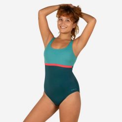 Strój jednoczęściowy pływacki damski Nabaiji Heva Li. Czerwone stroje jednoczęściowe damskie Decathlon, s, bez wzorów. Za 49.99 zł.