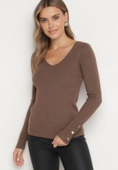 Beżowy Sweter z Dekoltem V i Ozdobnymi Guzikami na Rękawach Atterisa. Brązowe swetry klasyczne damskie Born2be, m, z jeansu, bez kołnierzyka. Za 89.99 zł.