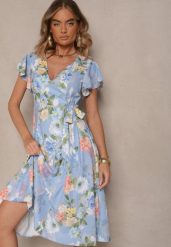 Jasnoniebieska Kopertowa Sukienka w Kwiaty Atesalia. Niebieskie sukienki damskie Renee, na co dzień, na wiosnę, m, bez wzorów, eleganckie, bez kołnierzyka, bez ramiączek, midi, kopertowe. W wyprzedaży za 83.99 zł.