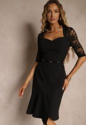 Czarna Dopasowana Sukienka Vices o Asymetrycznym Fasonie Zdobiona Koronką Natileira. Czarne sukienki damskie Renee, na spotkanie biznesowe, l, z aplikacjami, z koronki, eleganckie, z asymetrycznym kołnierzem, bez ramiączek, midi, asymetryczne. W wyprzedaży za 69.99 zł.