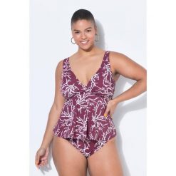 Damskie Góra od tankini miękkie miseczki nadruk na całej powierzchni drapowanie. Fioletowe bikini damskie Ulla Popken, bez wzorów, plus size. Za 199.99 zł.