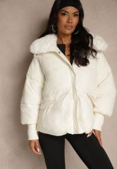 Biała Pikowana Kurtka Oversize z Futerkiem i Wysokimi Ściągaczami Nalinessa. Białe kurtki damskie Renee, na zimę, l, bez wzorów, z futra, bez kaptura. Za 199.99 zł.